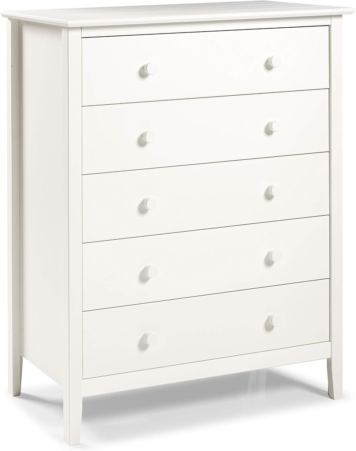 Alaterre Furniture Simplicity Wood 5-Drawer Chest, Kids Bedroom Dresser, Anti-Tip Safety, Metal Glides, Wooden Knobs, Brazilian Pine and Veneers, White