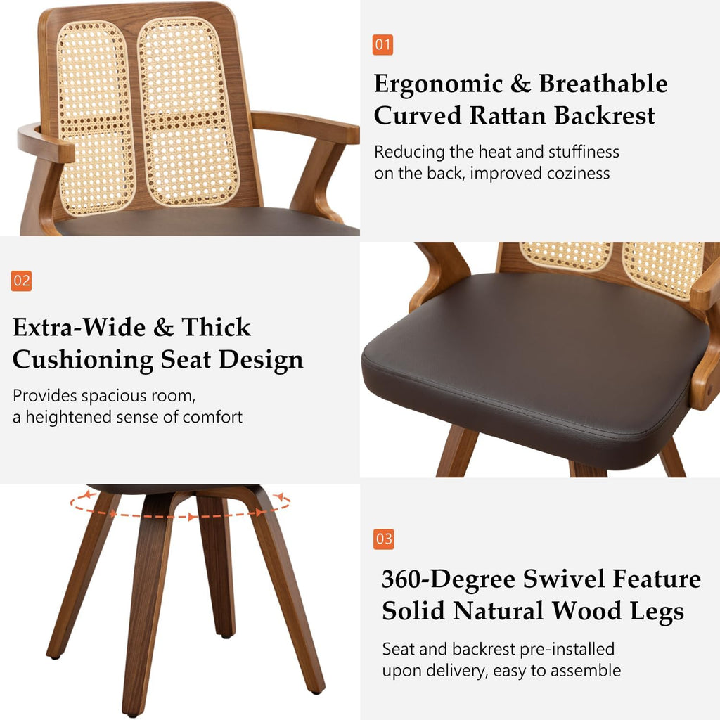 Walnut Dining Chairs - Swivel Rattan Dining Chairs with Bentwood Frame with Ergonomic Cane Back, Curved Arms, MCM Dining Chairs for Kitchen/Restaurant/Living Room/Conference (Walnut Brown, Set of 4)