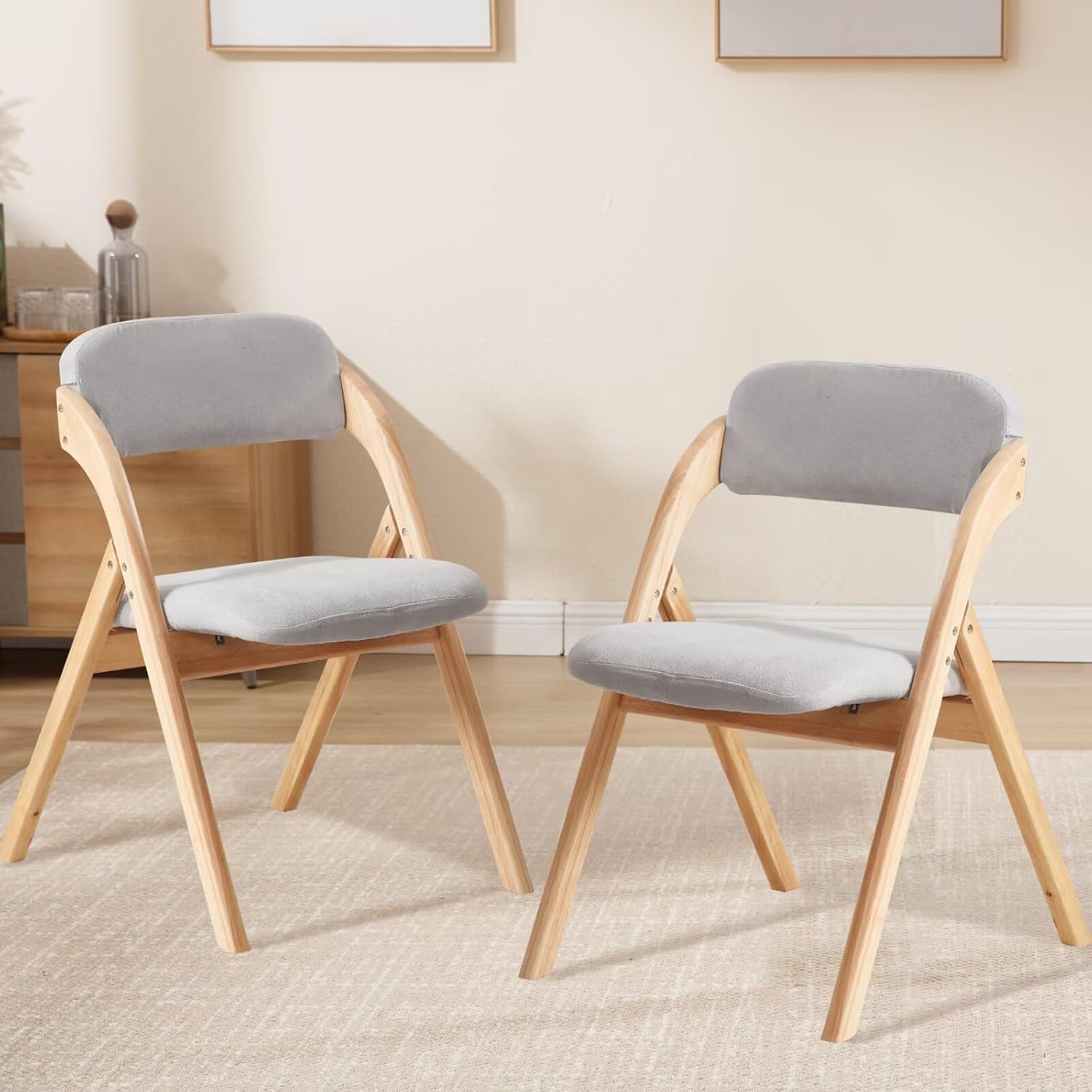 2-Pack Folding Chairs with Cushion Linen Padded Foldable Chairs Raw Wood Folding Dining Chairs for Dining Rooms Kitchen Parties Offices Indoor Outdoor Light Grey
