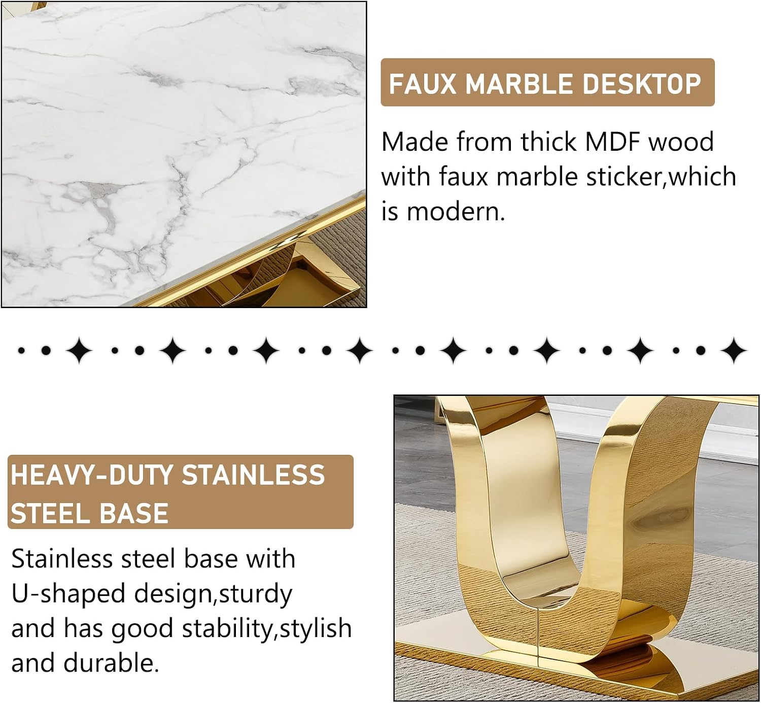 SSLine 68'' Marble Dining Table,Luxury Rectangular Kitchen Dining Room Table,Dining Table for 4-8 People with Gold U-Shape Stainless Steel Base for Kitchen Apartment