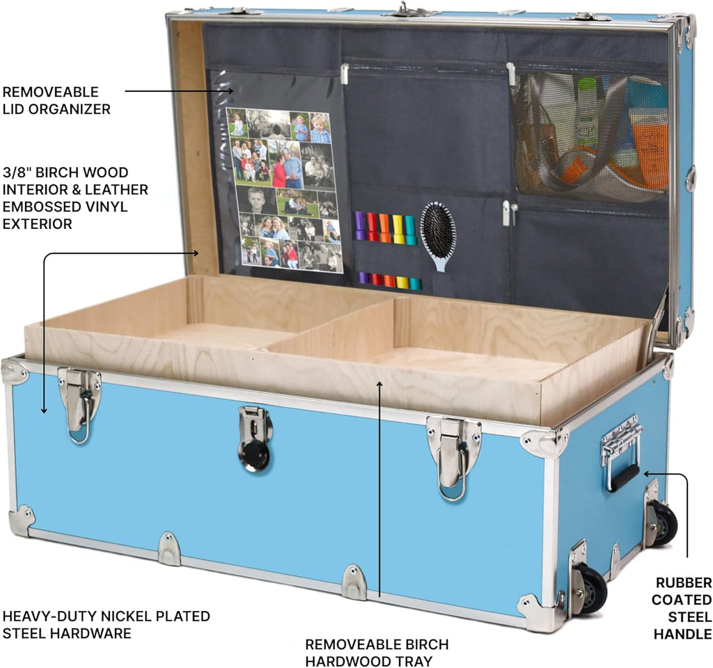 Large Essential Trunk With Wheels, Tray, & Lid Organizer - 32"x18"x14", 1000+ lbs Capacity. Strong, USA Made Summer Camp Footlocker, and Secure College Dorm Storage Chest