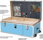 Large Essential Trunk With Wheels, Tray, & Lid Organizer - 32"x18"x14", 1000+ lbs Capacity. Strong, USA Made Summer Camp Footlocker, and Secure College Dorm Storage Chest