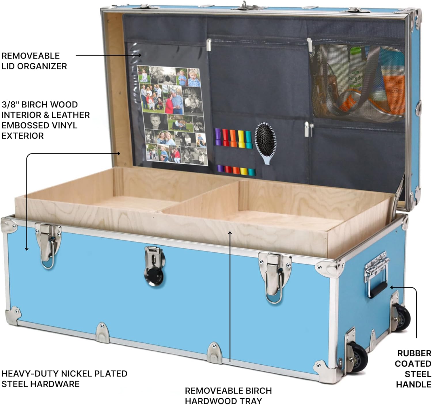 Large Essential Trunk With Wheels, Tray, & Lid Organizer - 32"x18"x14", 1000+ lbs Capacity. Strong, USA Made Summer Camp Footlocker, and Secure College Dorm Storage Chest