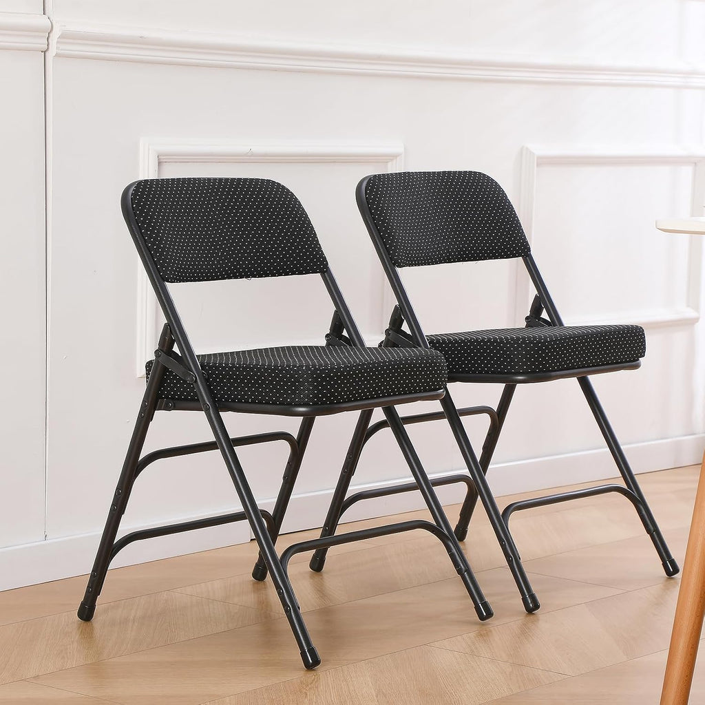 BOOSDEN 2 Pack Padded Folding Chairs with Thick Seat Cushion, Fabric Folding Chair, Portable Upholstered Dining Chairs, Metal Frame Foldable Chair for Indoor & Outdoor Kitchen Office Party, Black