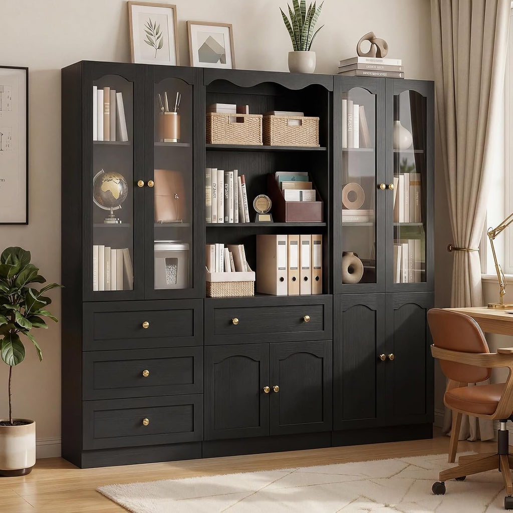 Cyclysio 3-Set Pantry Cabinets, 80" Tall Kitchen Pantry Storage Cabinets with Glass Doors, Drawers and Open Shelves, Black Kitchen Pantry Cabinet Set with Adjustable Shelves, Baseboard Cut Out