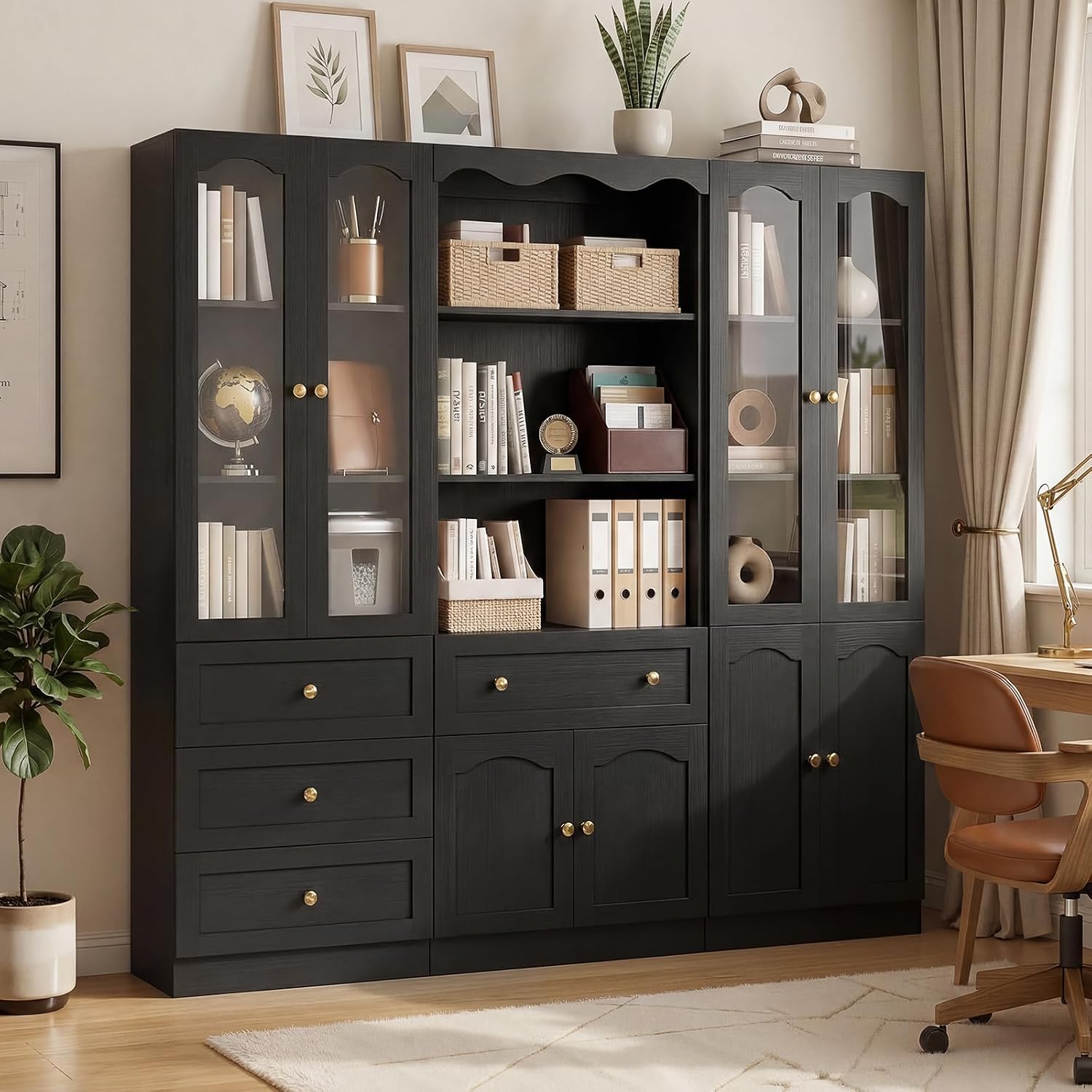 Cyclysio 3-Set Pantry Cabinets, 80" Tall Kitchen Pantry Storage Cabinets with Glass Doors, Drawers and Open Shelves, Black Kitchen Pantry Cabinet Set with Adjustable Shelves, Baseboard Cut Out