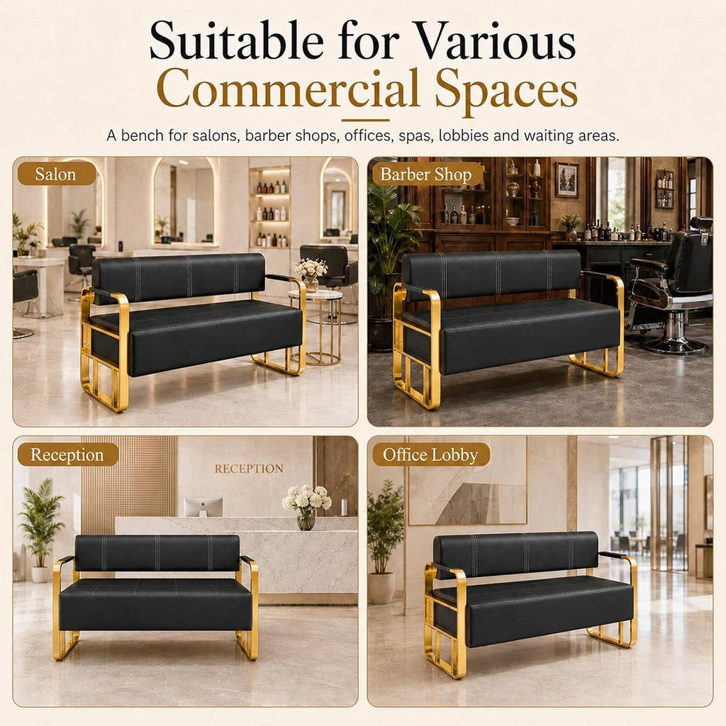 Waiting Room Bench with Backrest and Metal Armrests, Faux Leather Upholstered Reception Bench, Padded Seat for Salon, Office, Lobby, Barber Shop, Apartment(Black-Silver Frame,59.1*21.6*28.7in)