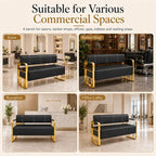 Waiting Room Bench with Backrest and Metal Armrests, Faux Leather Upholstered Reception Bench, Padded Seat for Salon, Office, Lobby, Barber Shop, Apartment(Black-Silver Frame,59.1*21.6*28.7in)