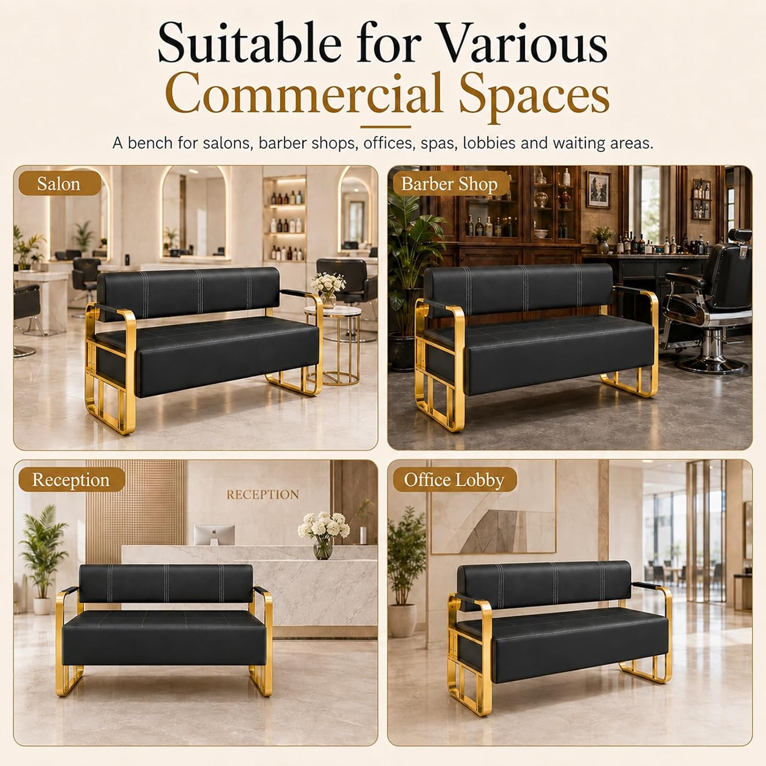 Waiting Room Bench with Backrest and Metal Armrests, Faux Leather Upholstered Reception Bench, Padded Seat for Salon, Office, Lobby, Barber Shop, Apartment(Black-Silver Frame,59.1*21.6*28.7in)