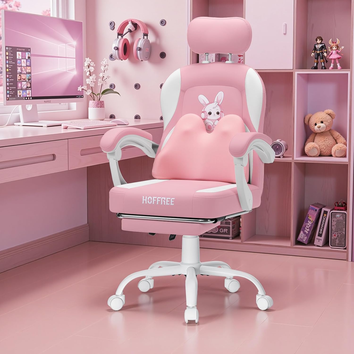 HOFFREE Kids Computer Gaming Chair for Girl with Cute Bunny Massage Lumbar Pillow Kids Pink Desk Office Chair with Adjustable Headrest and Footrest for Teen Girls