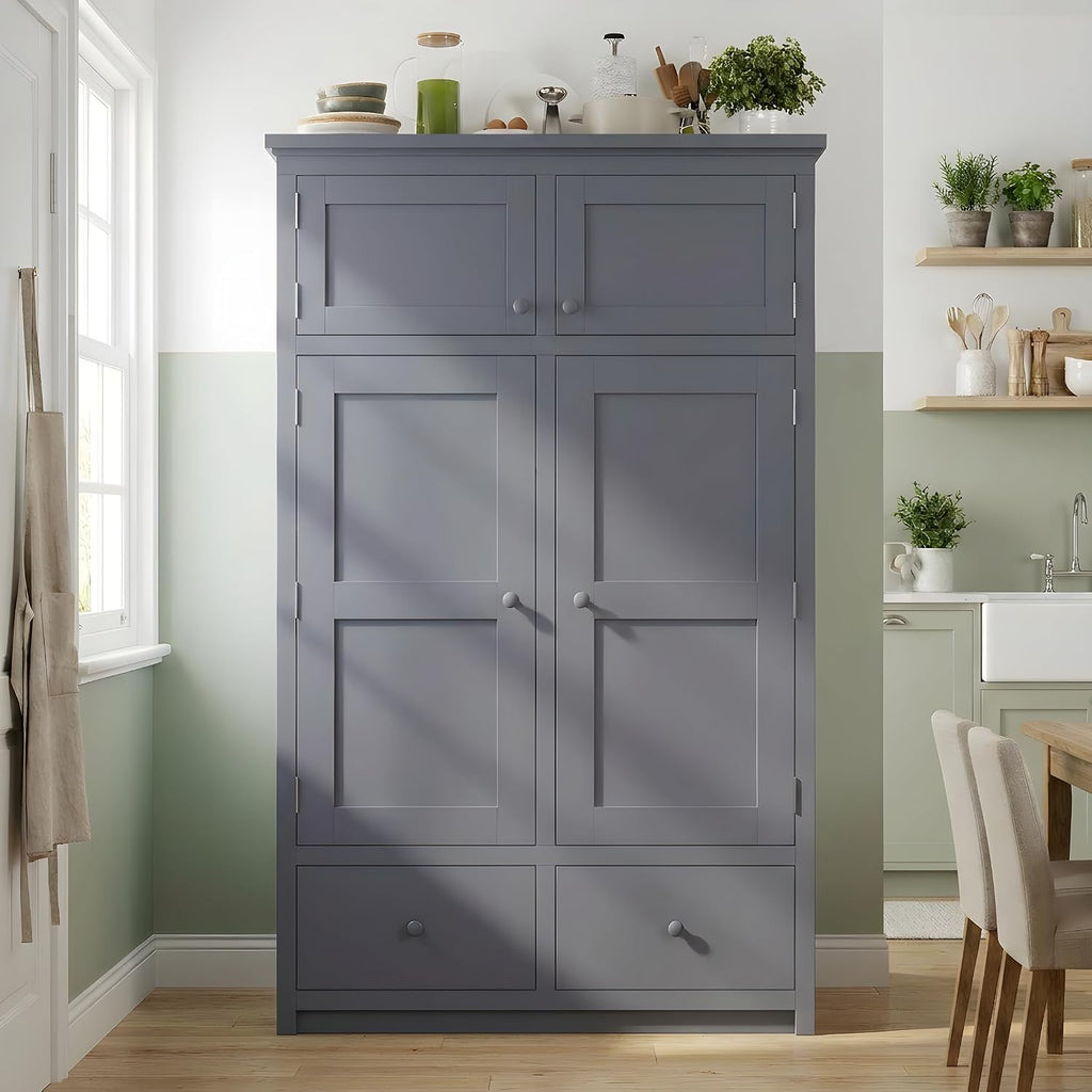 Tall Kitchen Pantry Cabinet with Adjustable Shelves, Freestanding Large Cupboard with 8 Door Shelves, 4 Pull-Out Trays, 6 Drawers for Kitchen, Dining Room (Grey)