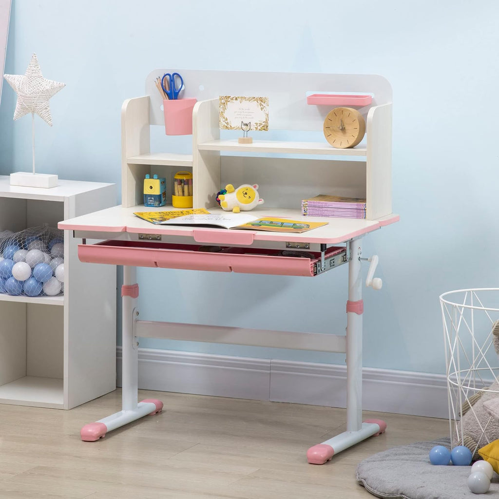 Qaba Wooden Kids Study Desk, Height Adjustable Children School Study Table, Student Writing Desk with Tilt Desktop, Drawer, Storage Shelf, Pen Holder, Pink