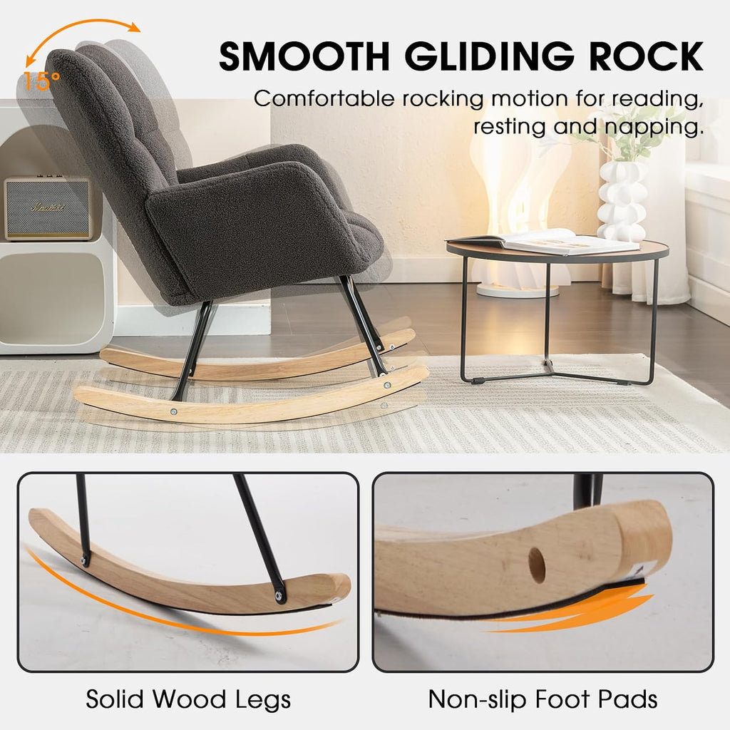 Rocking Chair Nursery, Teddy Upholstered Rocker Glider Chair with High Back, Rocker Recliner with Armrest, Gliding Chair with Thick Cushion, Accent Reading Chair for Bedroom (Dark Grey)