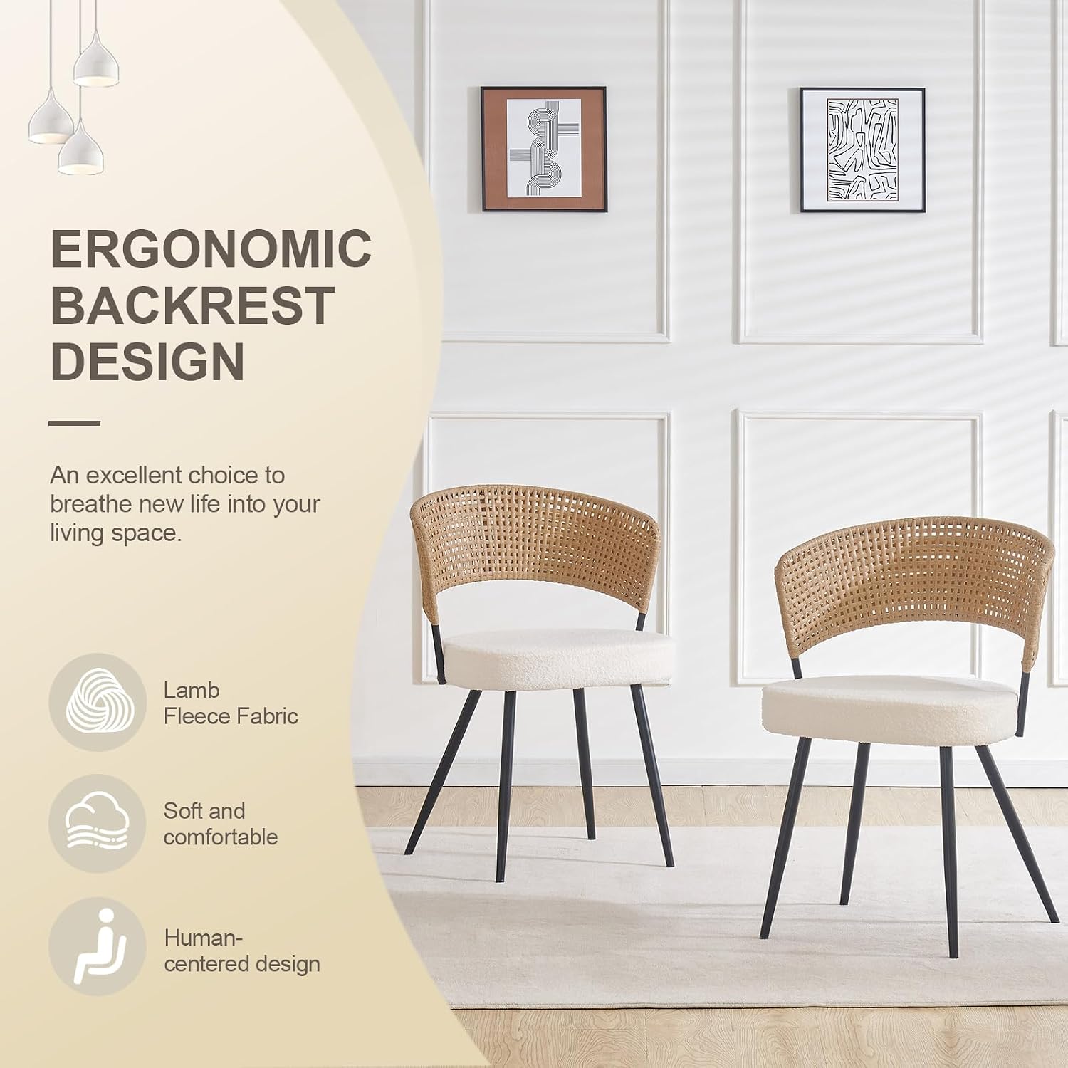 Rattan Dining Chairs Set of 4,Kitchen Chairs with PE Cane Back,Upholstered Boucle Armless Side Chair with Metal Legs for Dining Room/Living Room,Beige White