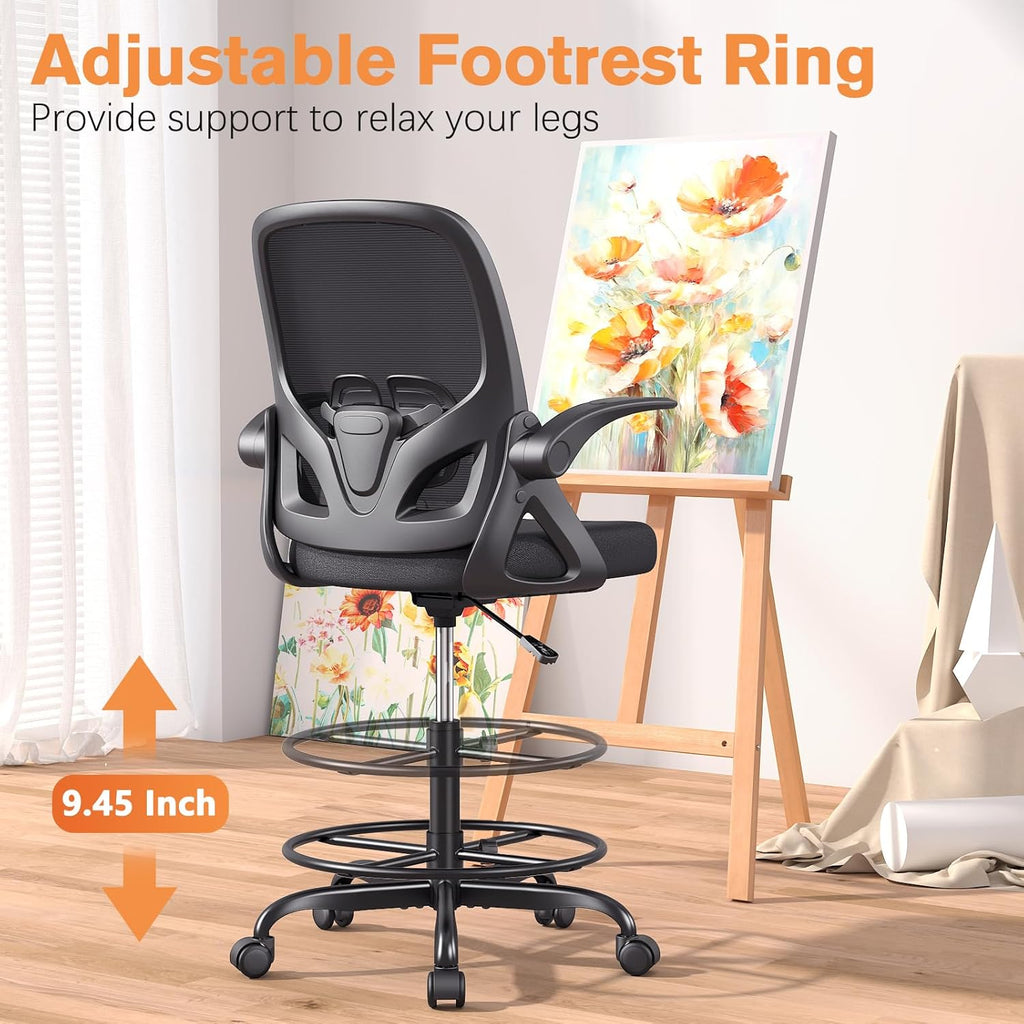 ORRSAKER Drafting Chair, Tall Office Chair with Flip-up Arms, Mesh Ergonomic Computer Standing Desk Chair with Adjustable Height Foot Ring and Lumbar Support, 300 LBS Capacity, Black