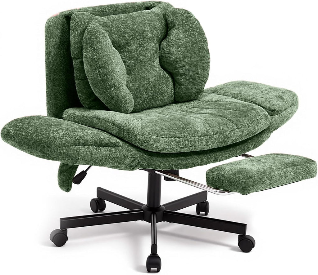 Criss Cross Office Chair with Foot Rest, 5 Gears Adjustable Armrests, Cross Legged Desk Chair with Flip Lumbar Pillow, Built-in Airbag, Wide Seat Chairs for Home Office Makeup Meditation, Light Green