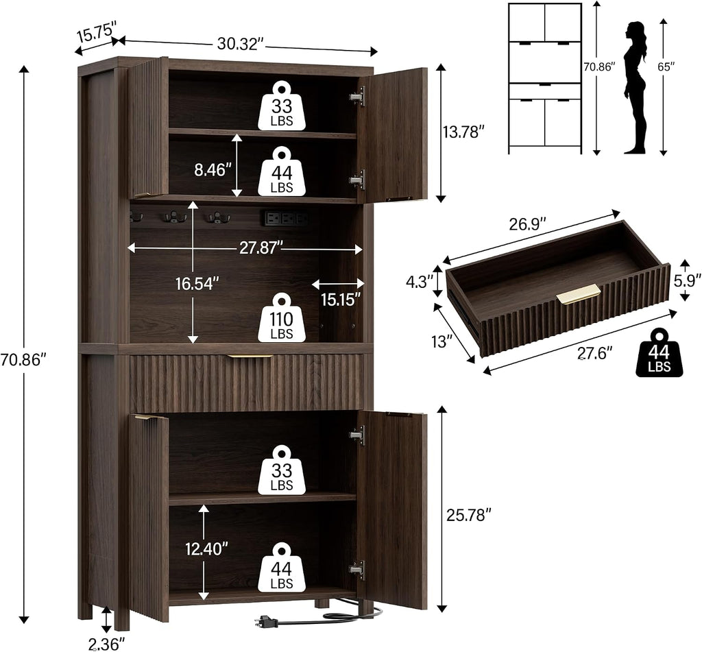 Lulive 71" Fluted Pantry Cabinet with Charging Station & Adjustable Shelves, Spacious Kitchen Storage Cabinet with Open Countertop & Drawer for Dining Room, Living Room, Brown