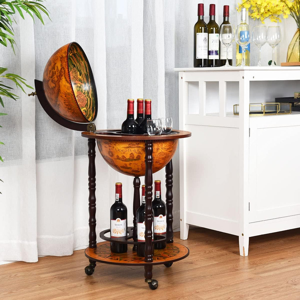 TANGZON 330MM/360MM Globe Drinks Cabinet, Movable Whisky Wine Spirits Cabinet with Casters, Wine Container Minibar Storage Wooden Cart (Brown)