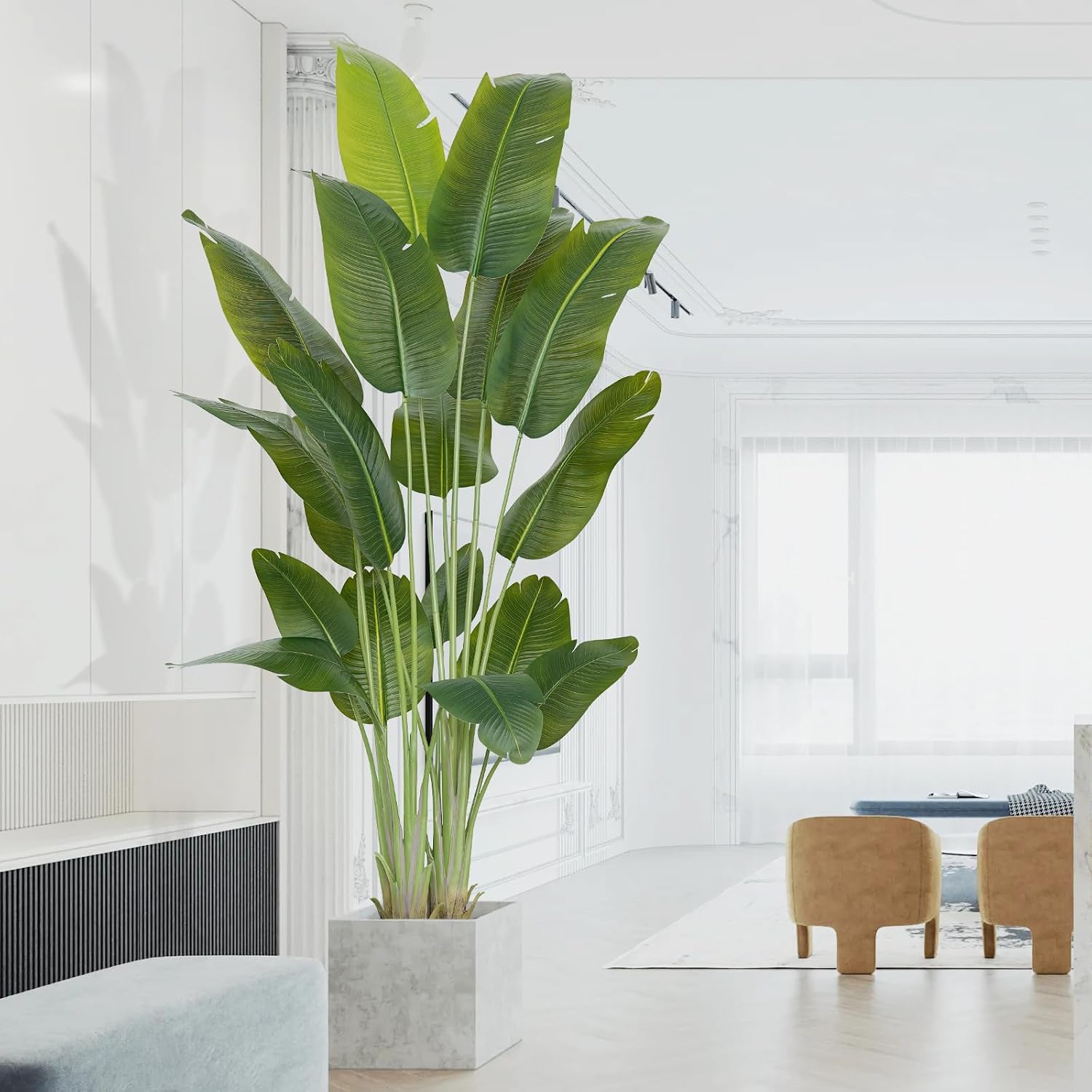Artificial Bird of Paradise Plant 7.5Ft Tall Fake Tropical Palm Tree Large Fake Plants with 18 Silk Banana Leaves Faux Plant Indoor Decor Trees White Pot for Home Bedroom Living Room Office