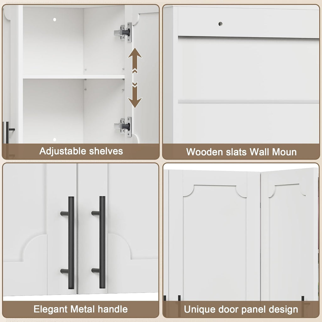 Treocho White Laundry Room Cabinet with 4 Doors, Modern Bathroom Cabinet Wall-Mounted with Adjustable Shelf, Kitchen Wall Storage Medicine Cabinet for Living Room,Garage