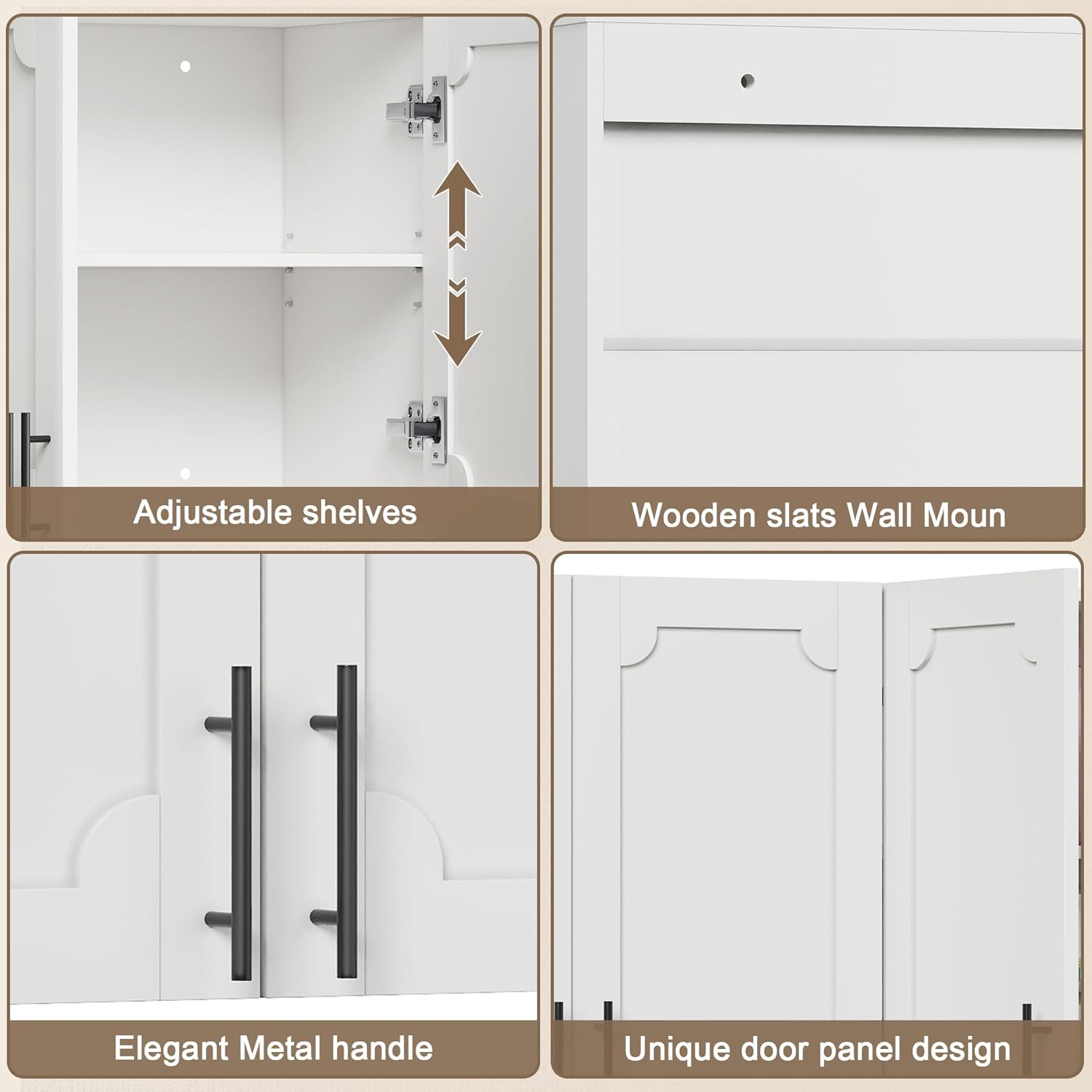 Treocho White Laundry Room Cabinet with 4 Doors, Modern Bathroom Cabinet Wall-Mounted with Adjustable Shelf, Kitchen Wall Storage Medicine Cabinet for Living Room,Garage