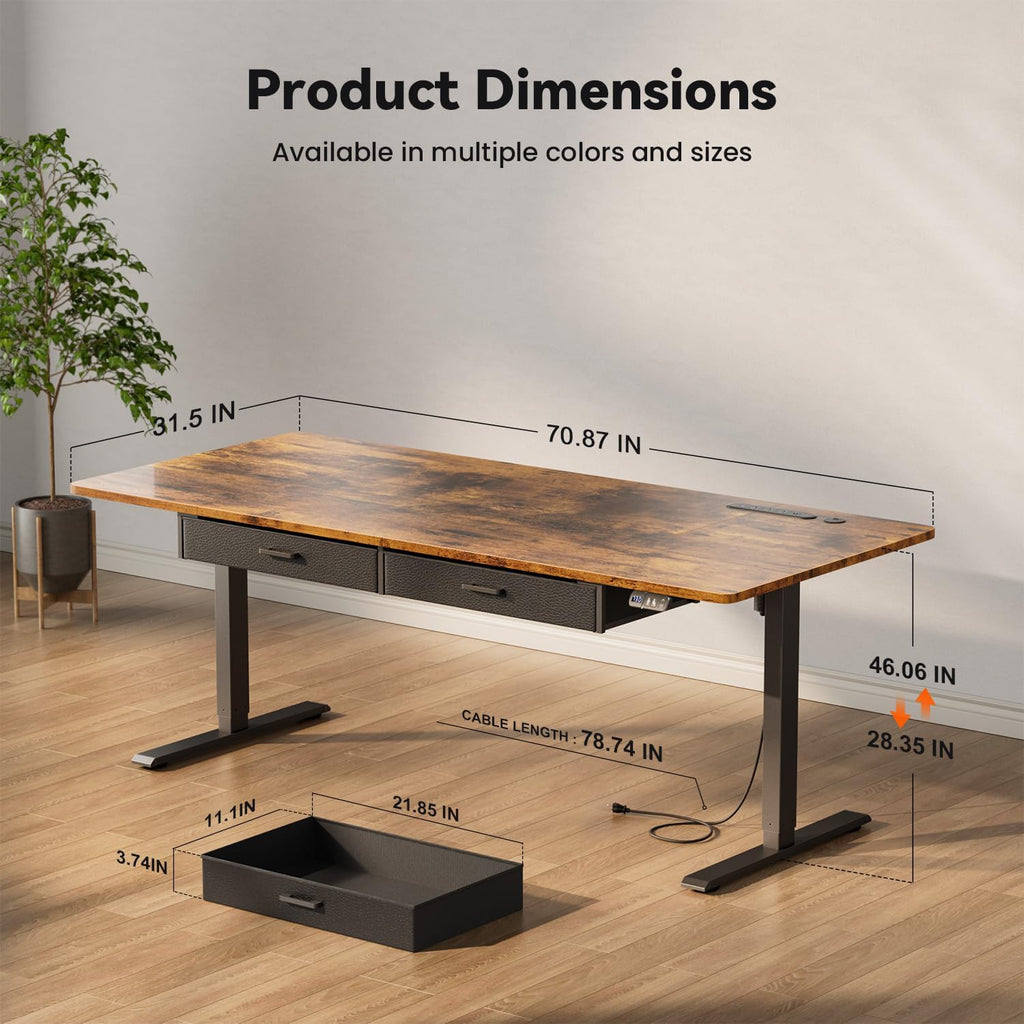 HLDIRECT Electric Standing Desk, Extra Large 71 x 31.5 Inches Height Adjustable Table with Outlets, Sit Stand Computer Desk with Drawers for Home Office, Ergonomic Rising Workstation, Rustic Brown