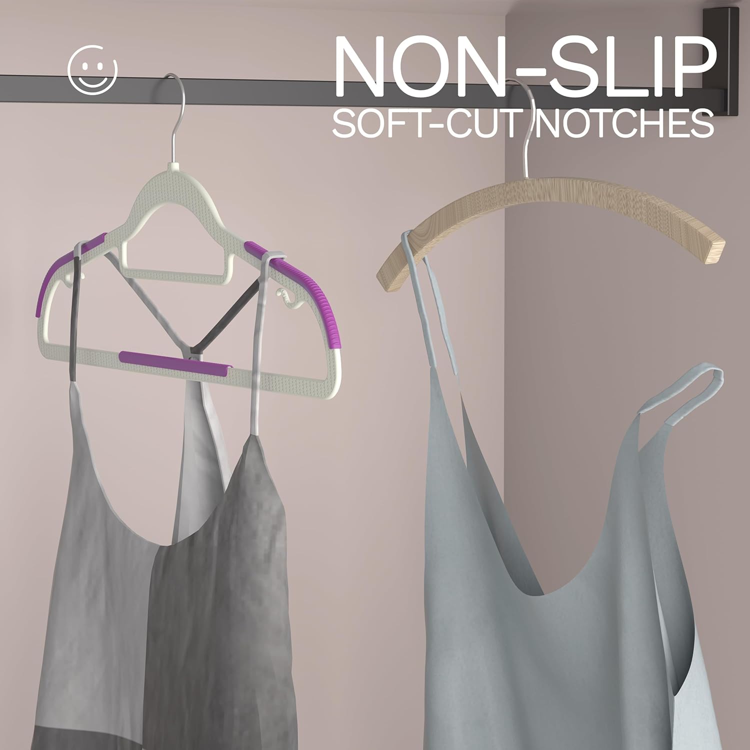 60 Pack Heavy Duty Plastic Hangers, Non Slip Clothes Hangers with Rubber Pads and 360° Hook - Thin Space Saving Hanger, Closet Organizer for Shirt, Pants, Suit, Skirt,Coat - Purple