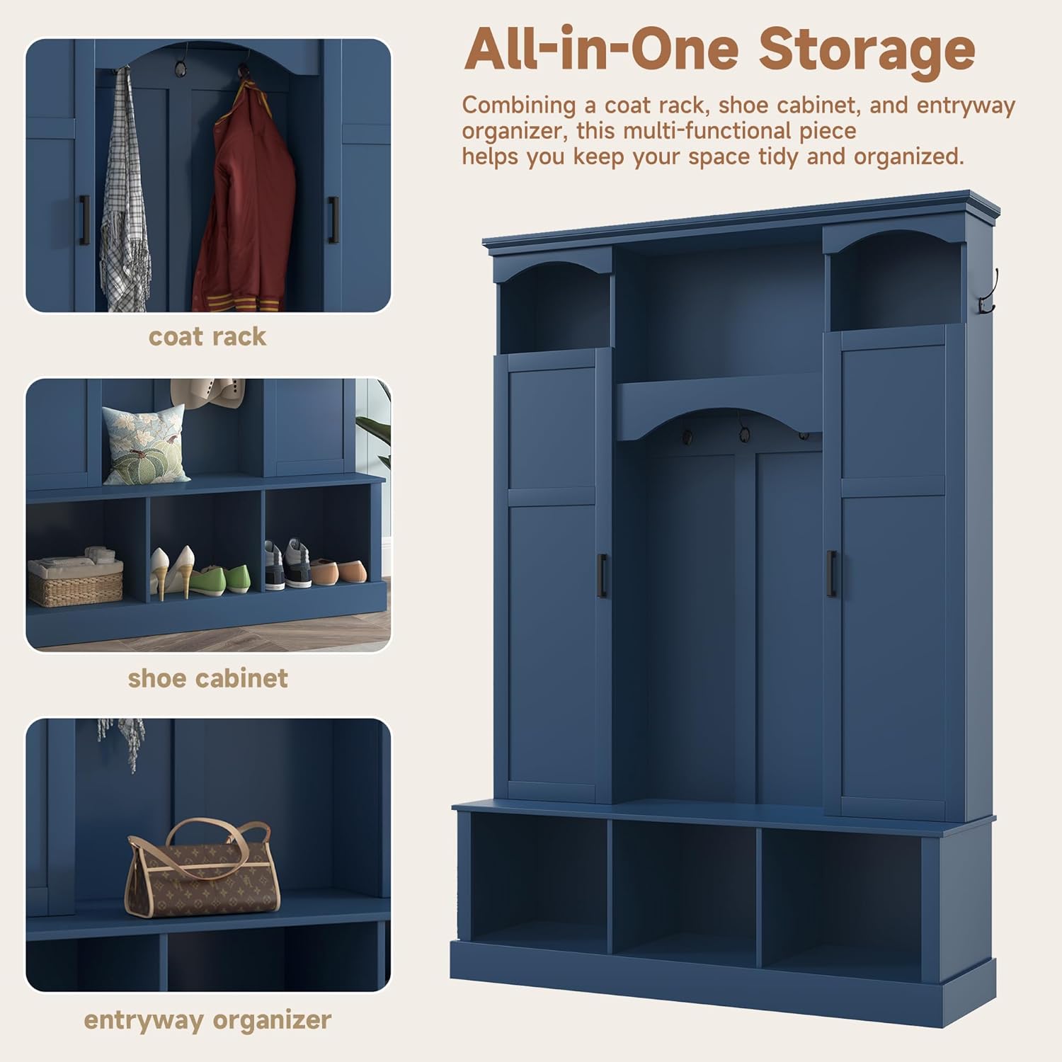 SOFTSEA Arched Hall Tree with Storage Bench, Entryway Bench with 7 Hooks and Shoe Cabinets, Modern Coat Tree Entryway Organizer with Shoe Storage for Mudroom, Living Room, Blue