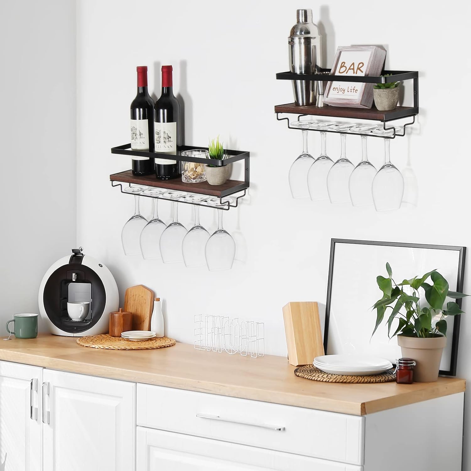 B4Life Wine Glass Holder Wall Mounted, Hanging Wine Glass Rack for Wine Bottles, Bar Shelf Wall Mounted with Stemware Hanger, Bar Glass Holder for Dining Room Home Kitchen