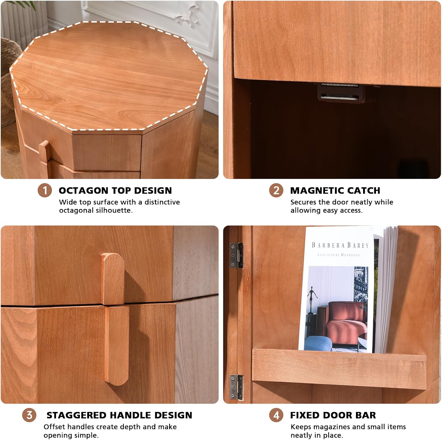 Ahokua Modern Octagonal End Table with Drawer and Cabinet, 19.7" Wide Side Table with Door Storage Rack, Modern Small Nightstand for Bedroom, Living Room or Entryway, Natural Wood