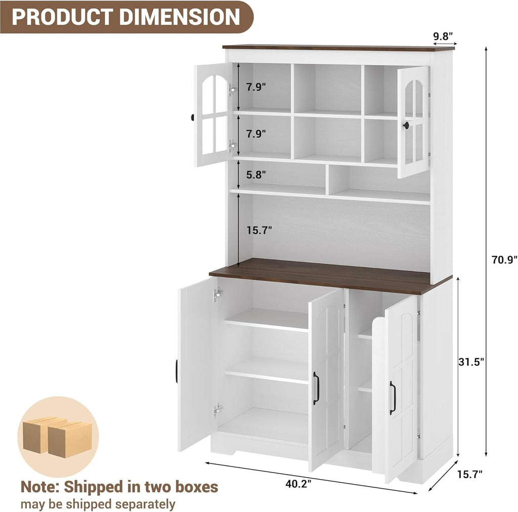 Tall Kitchen Pantry Cabinet with Glass Doors and Hutch, 70.9'' Storage, Built-in Charging Station, Dining Room Wine Rack & Cupboard - Modern White and Brown
