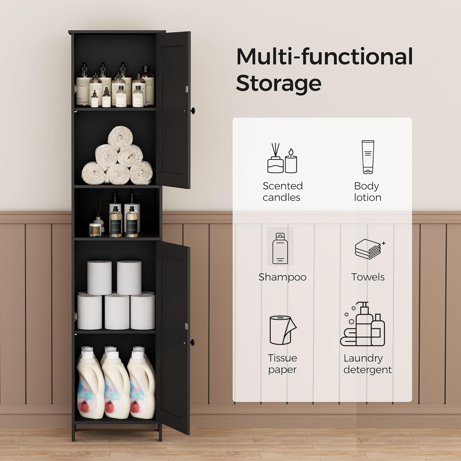 Homleke Tall Bathroom Storage Cabinet with 2 Doors, 67"H Narrow Storage Cabinet with Adjustable Shelves& Anti-Tip Design, Reversible Door Installation, Easy Assembly, 11.8 x 15.7 x 66.9 Inches, Black