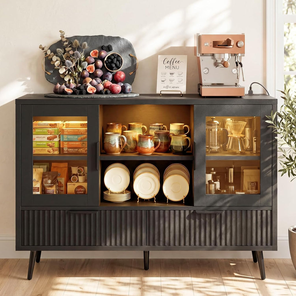 44" Sideboard Buffet Cabinet with Storage, Smart LED Lights Coffee Bar Cabinet with 8 Drawers & Adjustable Shelves, Modern Kitchen Storage Credenza Console Table for Living Room, Black