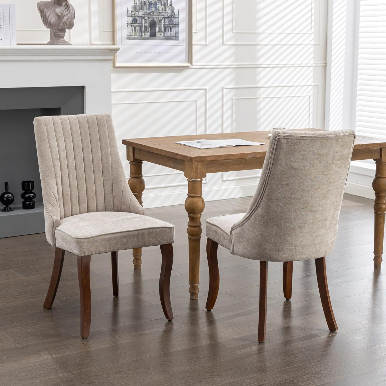 Dining Chairs Set of 8,Comfy Fabric Upholstered Chairs for Kitchen Living Room,Channel Tufted Dining Room Chairs with Curved Solid Wood Legs(Beige,8 Pcs)