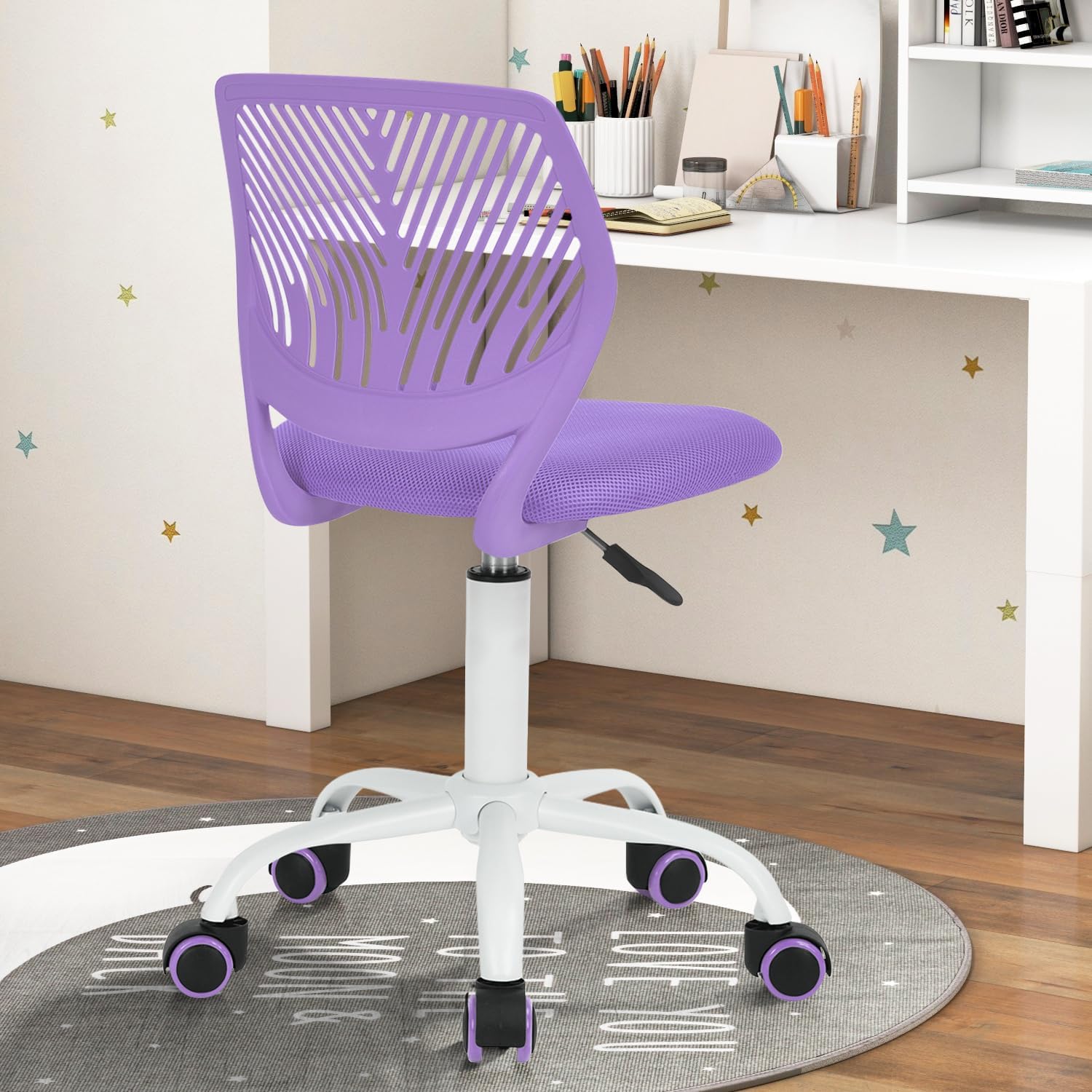 FurnitureR Purple Armless Desk Chair, Ergonomic Swivel Study Chair with Mesh Seat & Rolling Wheels, Lightweight Cute Task Chair for Creating a Cozy & Inspiring Kids’ Study Space — A Lovely Gift Choice