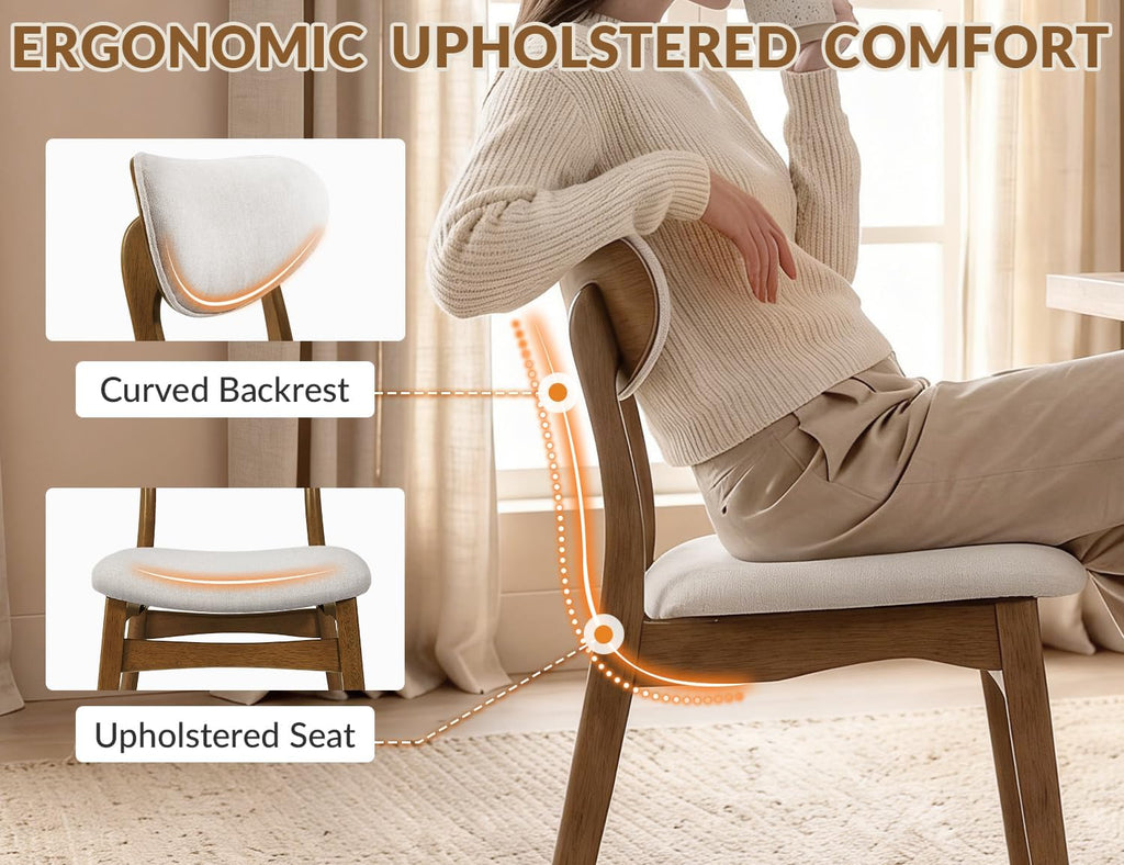Wooden Dining Chairs Set of 4 - Farmhouse Fabric Upholstered Kitchen Chairs with Curved Back, Solid Wood Mid-Century Modern Side Chair for Dining Room, Beige & Walnut