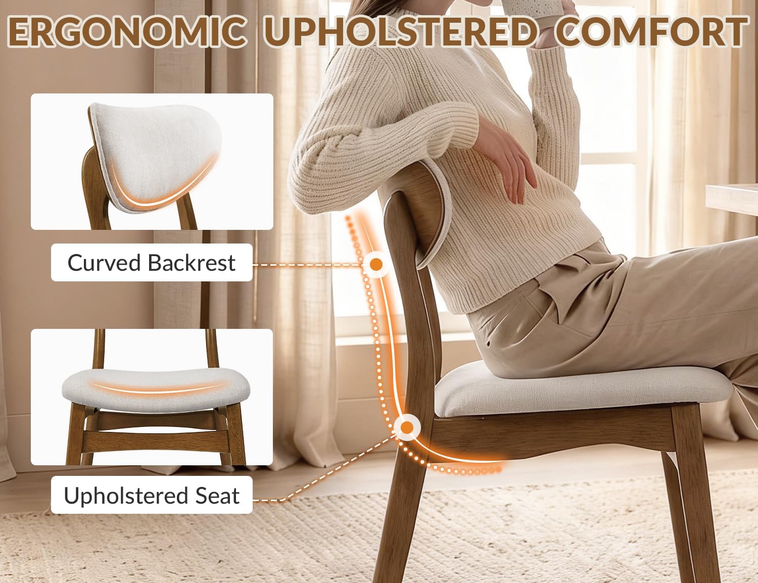 Wooden Dining Chairs Set of 4 - Farmhouse Fabric Upholstered Kitchen Chairs with Curved Back, Solid Wood Mid-Century Modern Side Chair for Dining Room, Beige & Walnut