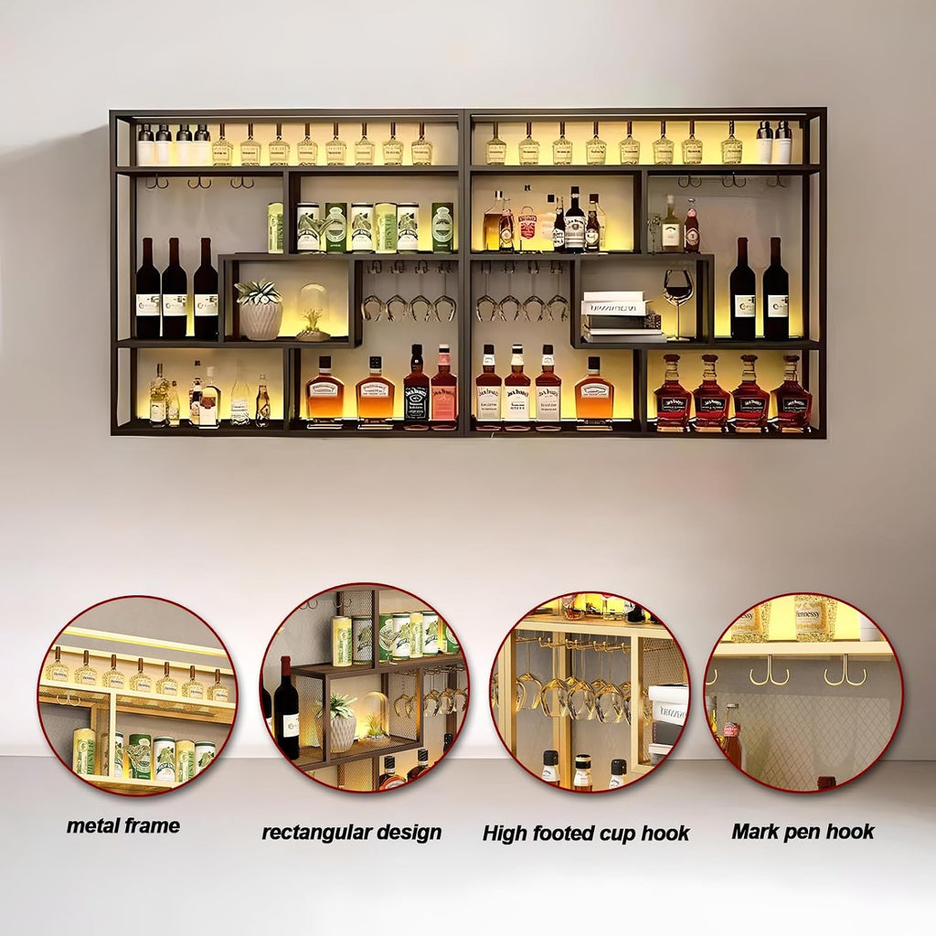 Black Wall Mounted Wine Rack with Hanging Stemware Glass Holder, 4 Tier Liquor Bottle Display Shelf, Floating Bar Storage Organizer for Home, Kitchen, Restaurant, Liquor Cabinet Decor (Gold, 95in)