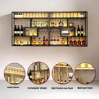 Black Wall Mounted Wine Rack with Hanging Stemware Glass Holder, 4 Tier Liquor Bottle Display Shelf, Floating Bar Storage Organizer for Home, Kitchen, Restaurant, Liquor Cabinet Decor (Gold, 95in)