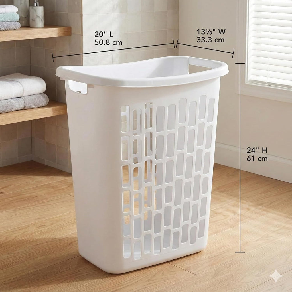 Bushel Laundry Hamper, Slim Rectangular Ventilated Plastic Clothes Basket, Heavy Duty Washing Bin With Reinforced Handles for Bathroom, Dorm, and Closet Organization, White, 1 Pack