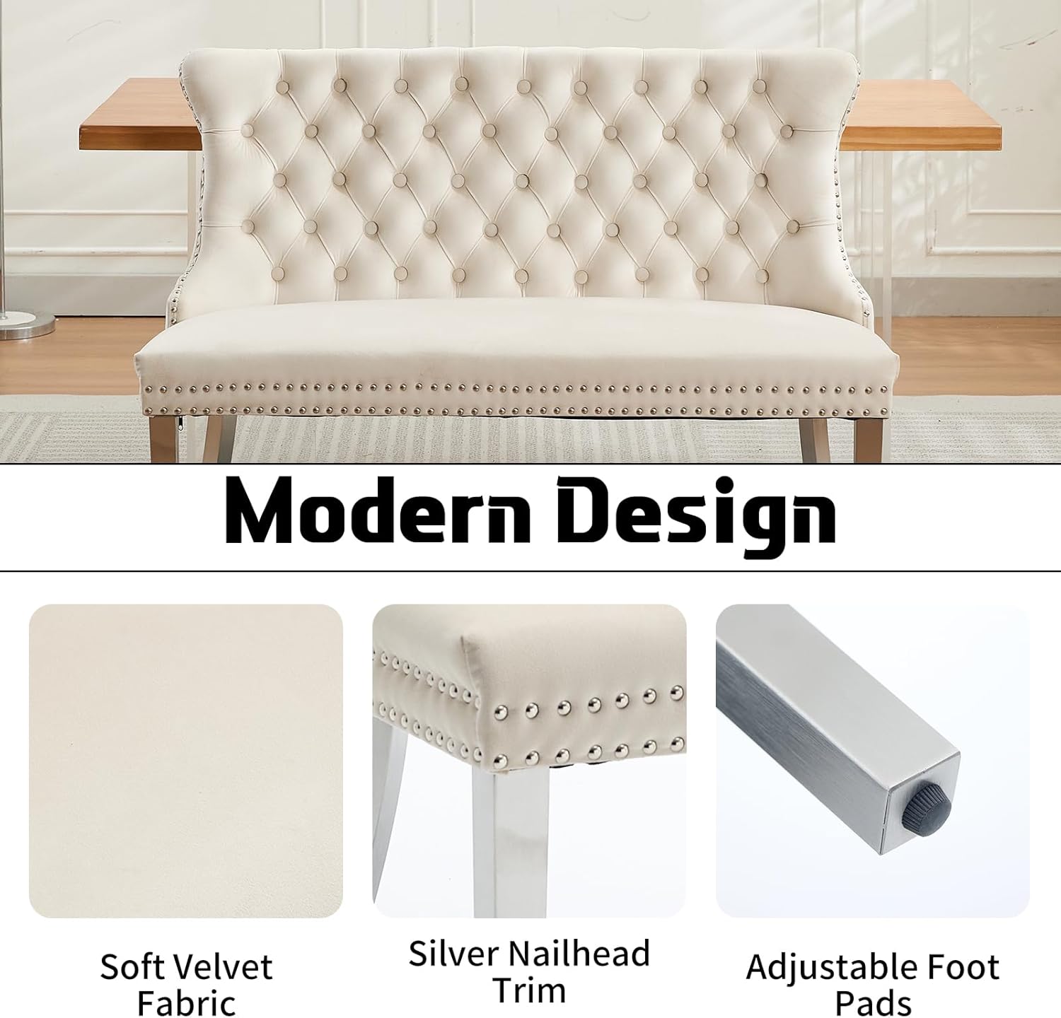 Shenyon Velvet Upholstered Dining Bench with Back, Tufted Loveseat Bench with Silver Stainless Steel Legs and Nailhead Trim, Banquette Seating for Dining Room, Kitchen, Entryway (Beige, Dining Bench)