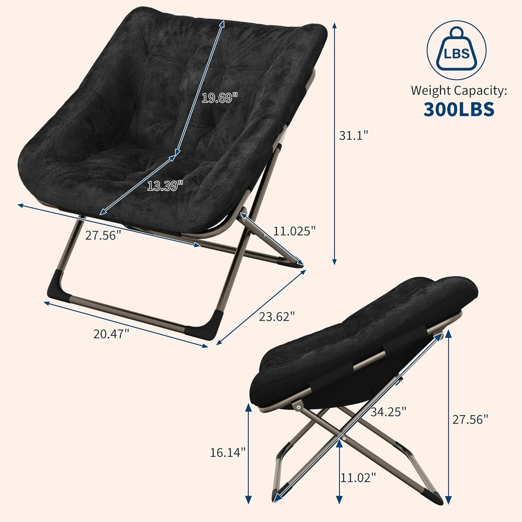 Collapsible Saucer Chair for Adults – Soft Faux Fur, Metal Frame, 300 Lbs Capacity, No Assembly Needed – for Bedroom, Living Room, Dorm or Apartment