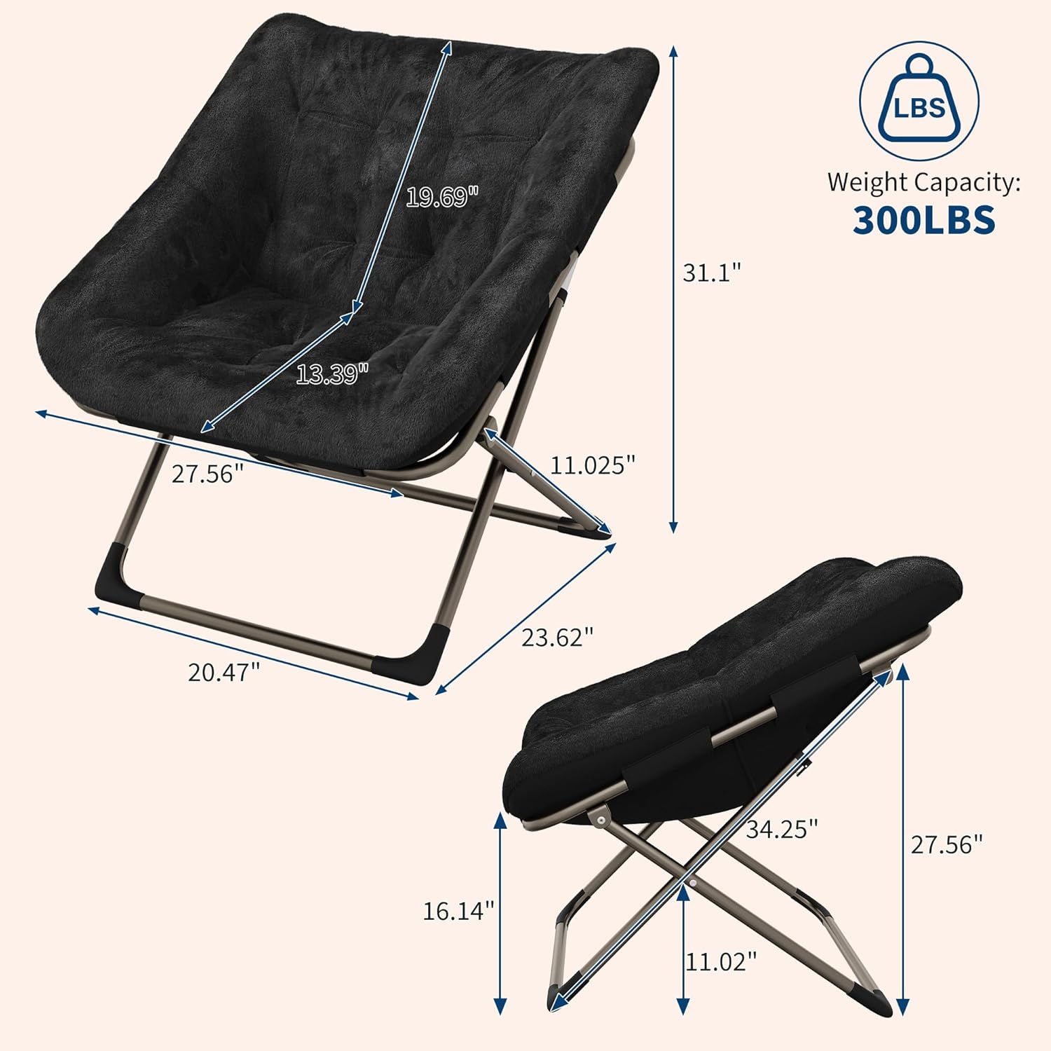 Collapsible Saucer Chair for Adults – Soft Faux Fur, Metal Frame, 300 Lbs Capacity, No Assembly Needed – for Bedroom, Living Room, Dorm or Apartment
