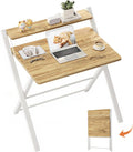 GreenForest Portable Small Desk No Assembly, 2-Tier Compact Computer Desk with Shelf, Space Saving Foldable Table for Home Office, Bedroom or Apartment, Portable Collapsible Sturdy Laptop Desk, Oak