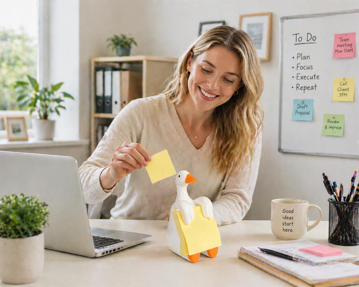 Silly Goose Pop-up Sticky Note Dispenser, Includes 1 Pad of 3x3 in Super Sticky Notes, 100 Sheets, Resin Cute Handmade Desk Holder for Office & Home, Funny Goose Desk Decorations-Orange