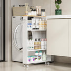 KLM 4 Tier White Slim Storage Cart with Handle, Slide Out Storage Rolling Utility Cart for Kitchen, Laundry, Narrow Places