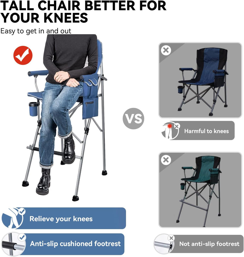 Foldable Directors Makeup Salon High Chair - Portable Camping Bar Height Folding Photoshoot Chairs with Stroage Bag Cup Holder Non-Slip Footrest, Supports 400 lbs Blue Tall Director Chair