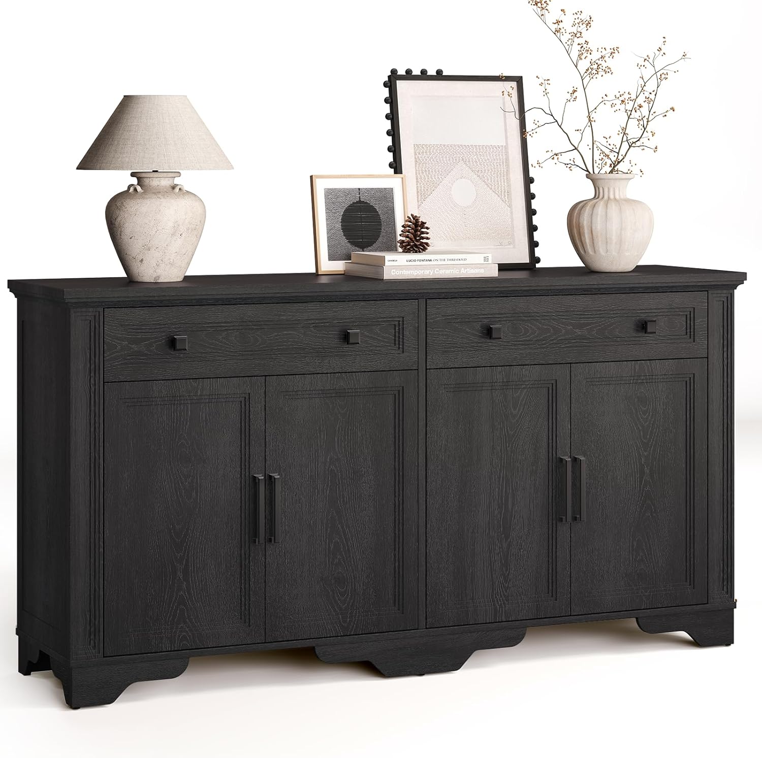 ONBRILL 63" Sideboard Buffet Cabinet, Kitchen Buffet Storage Cabinet, Large Credenza with Drawers & Doors, Wood Coffee Bar Console Wine Bar for Living Room Hallway Black