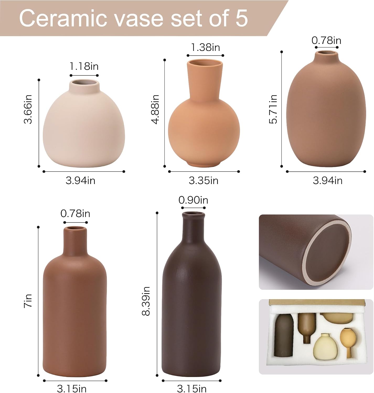 Small Ceramic Flower Vase Set, 5 Pack Modern Decorative Vases, Farmhouse Style Ornaments for Living Room, Kitchen, Bedroom, Party, Wedding