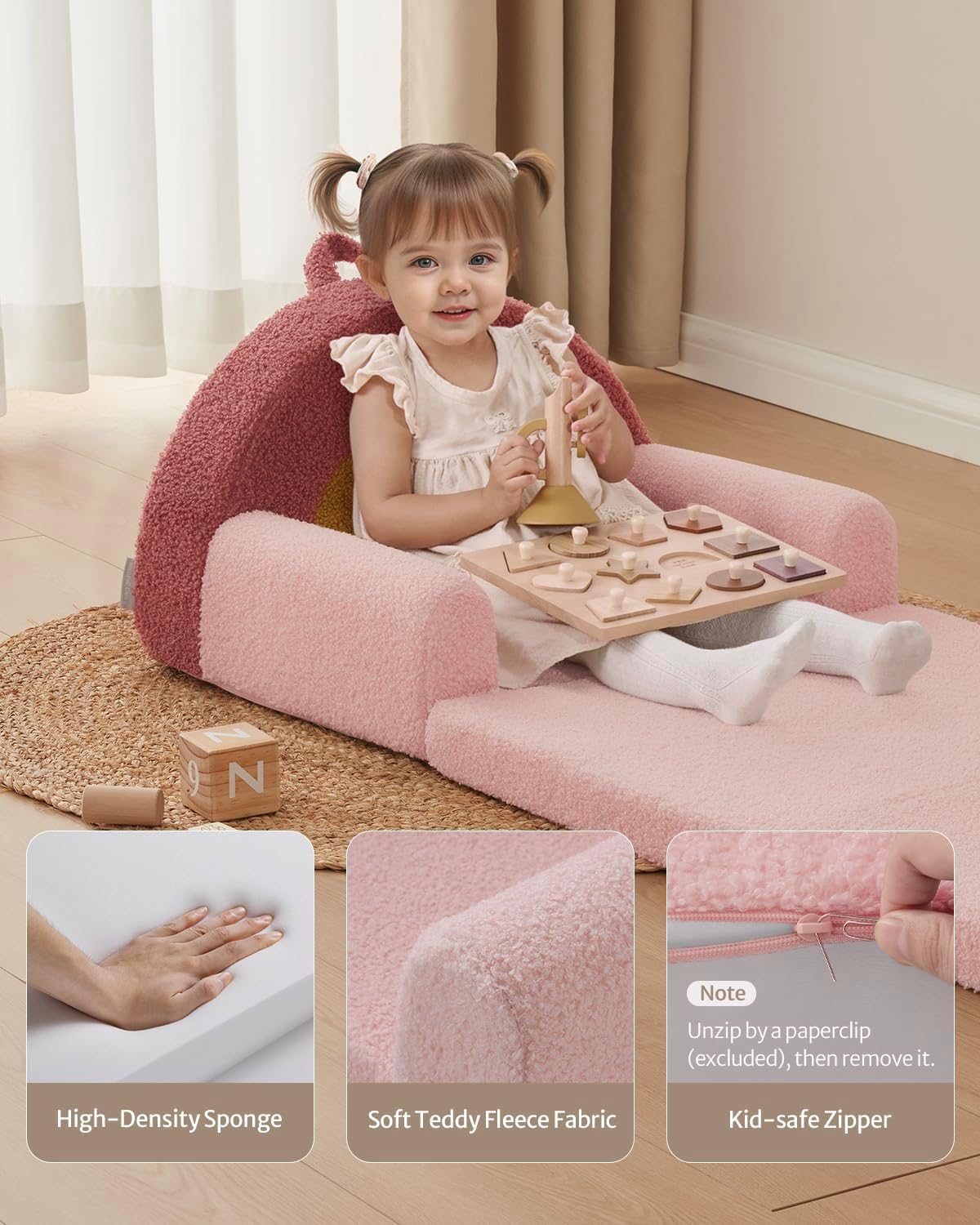 Blissful Diary Foldable Kids Couch, 2-in-1 Comfy Kids Chair for Reading, Playroom, Kids Couch Sofa for Girls Boys Birthday Gift, Blush Rainbow